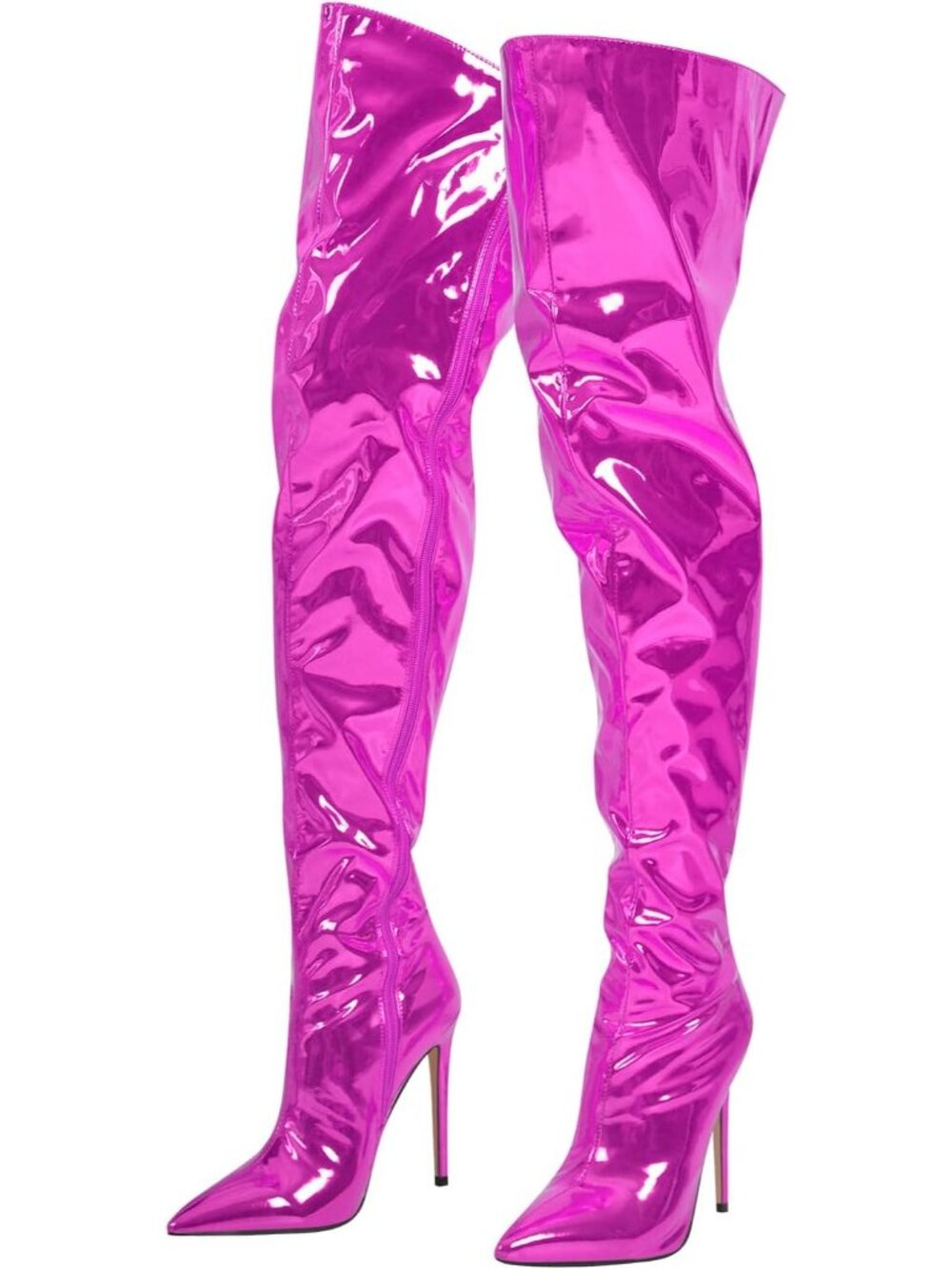 Women's Fuchsia Metallic Side Zipper Pointed Toe Thigh-High Stiletto Heel Boots